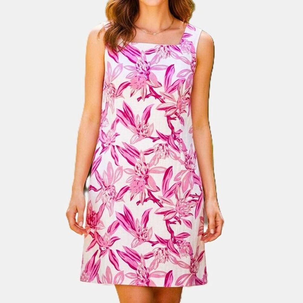 LILLY PULITZER Dress Pink Flower Falling in Love Patty Linen Cotton Women Medium